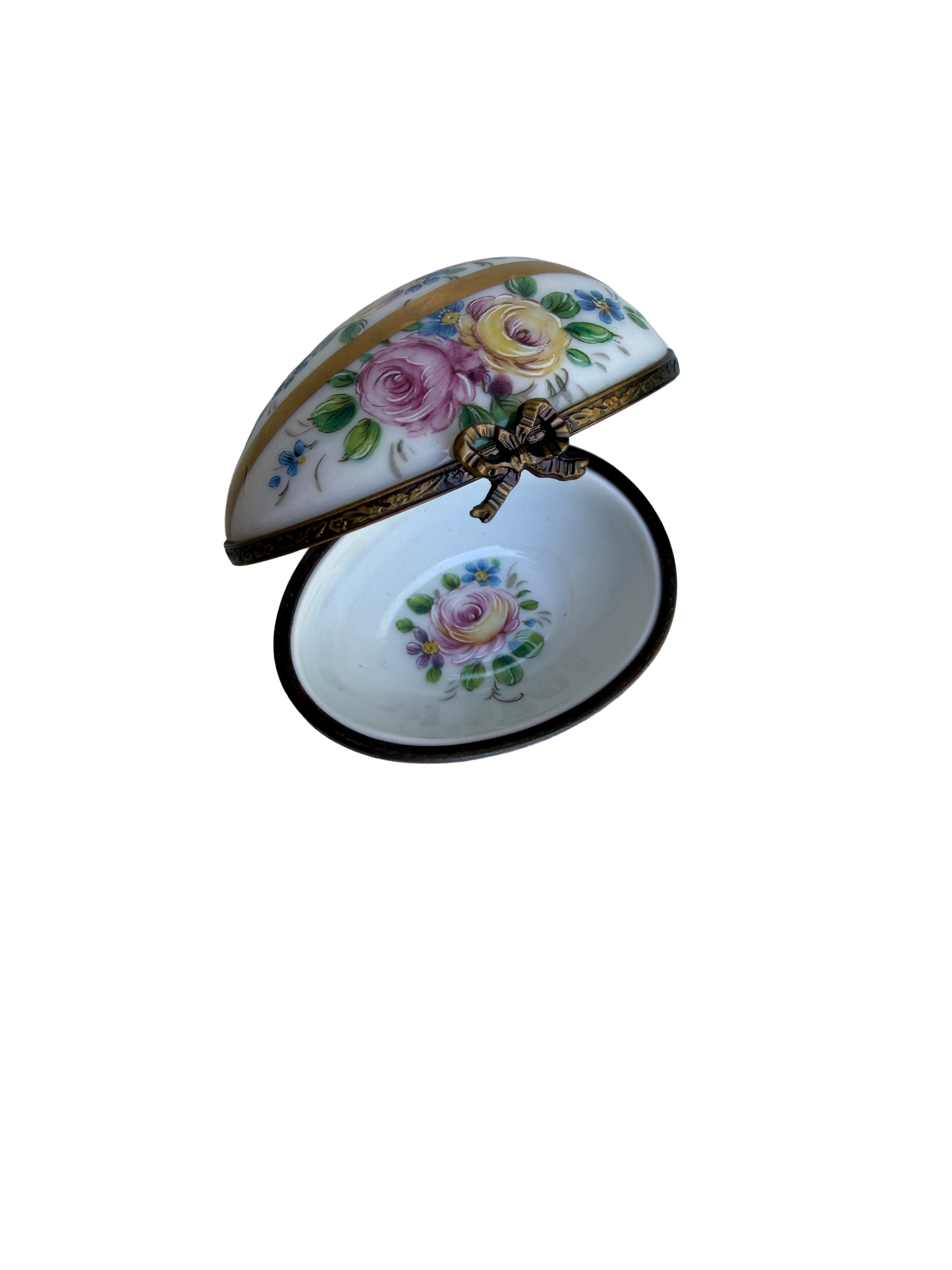 Vintage French Limoges Hand-Painted Porcelain Floral Egg Trinket Box with Gilt Mounts