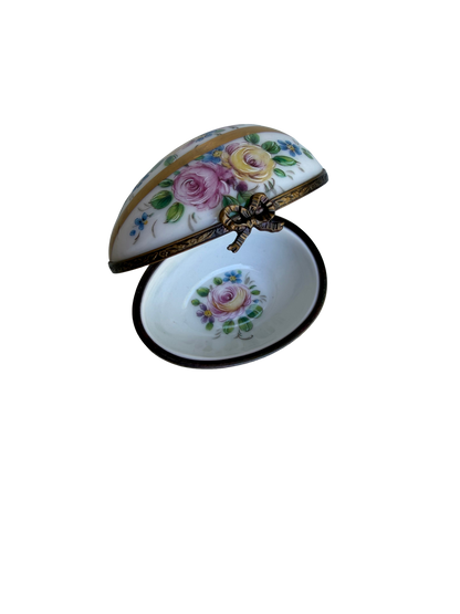 Vintage French Limoges Hand-Painted Porcelain Floral Egg Trinket Box with Gilt Mounts