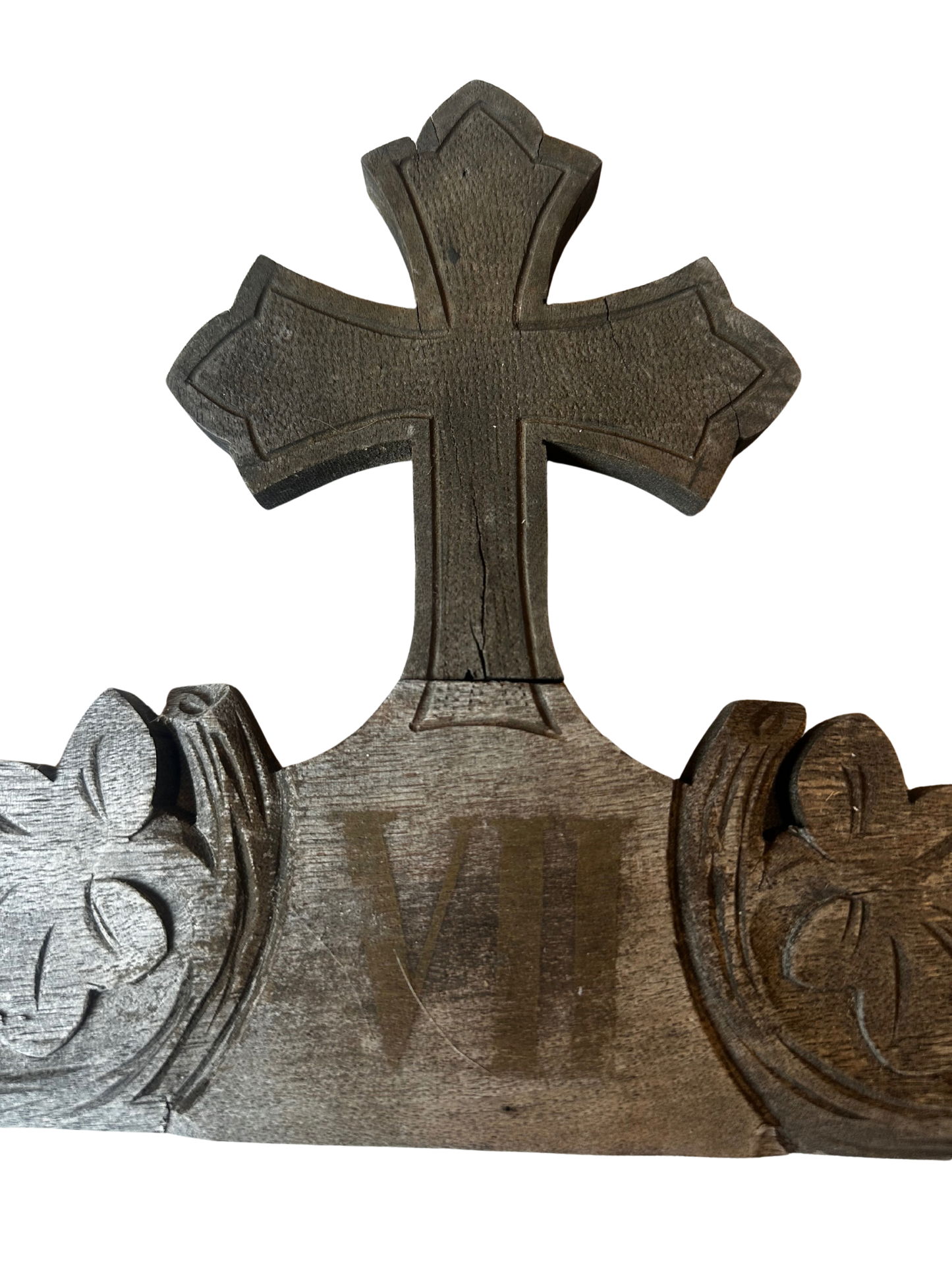 Hand-Carved Wooden Devotional Cross Panel Marked VII
