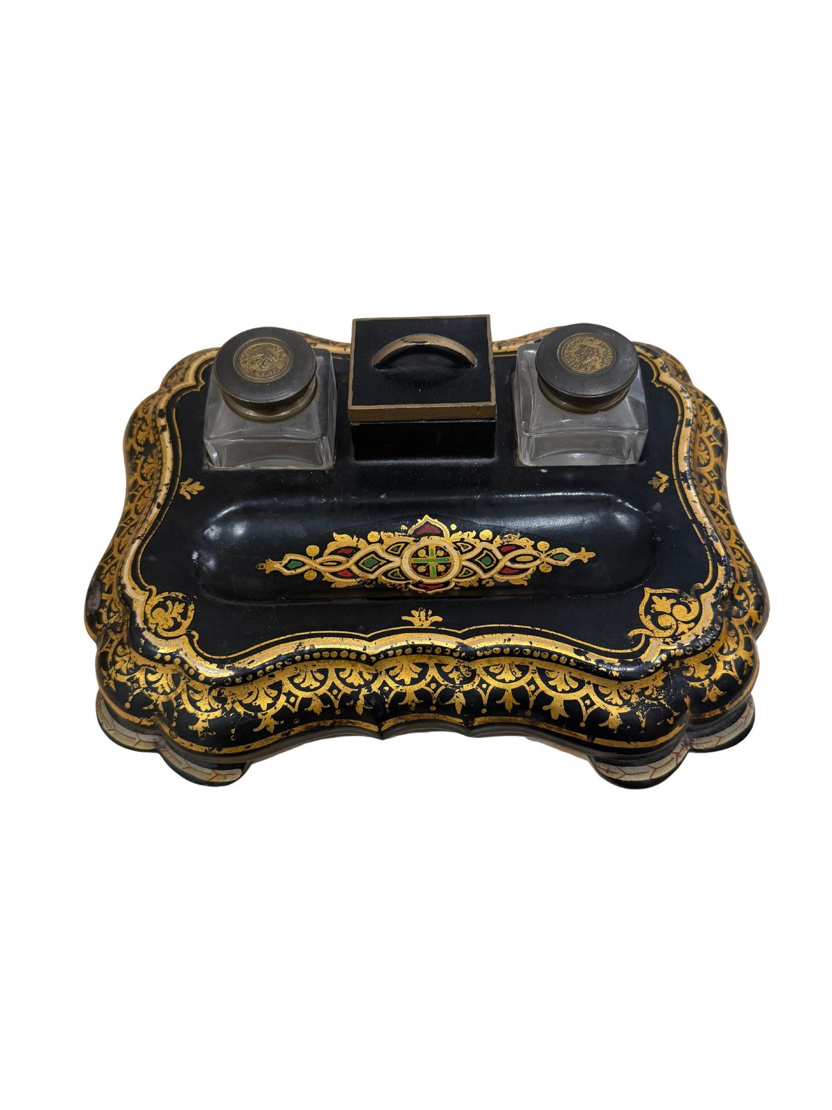 Black Lacquer Parkins & Gotto Victorian Papier Mache Inkwell Set (Circa 1850-1880)