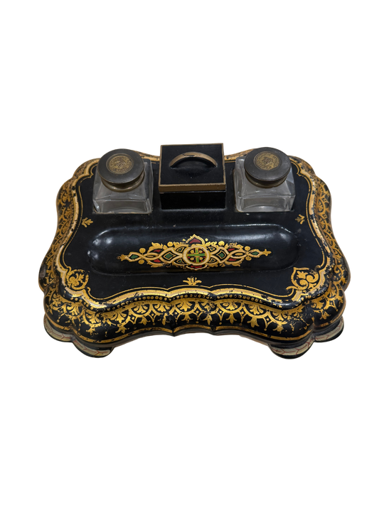 Black Lacquer Parkins & Gotto Victorian Papier Mache Inkwell Set (Circa 1850-1880)