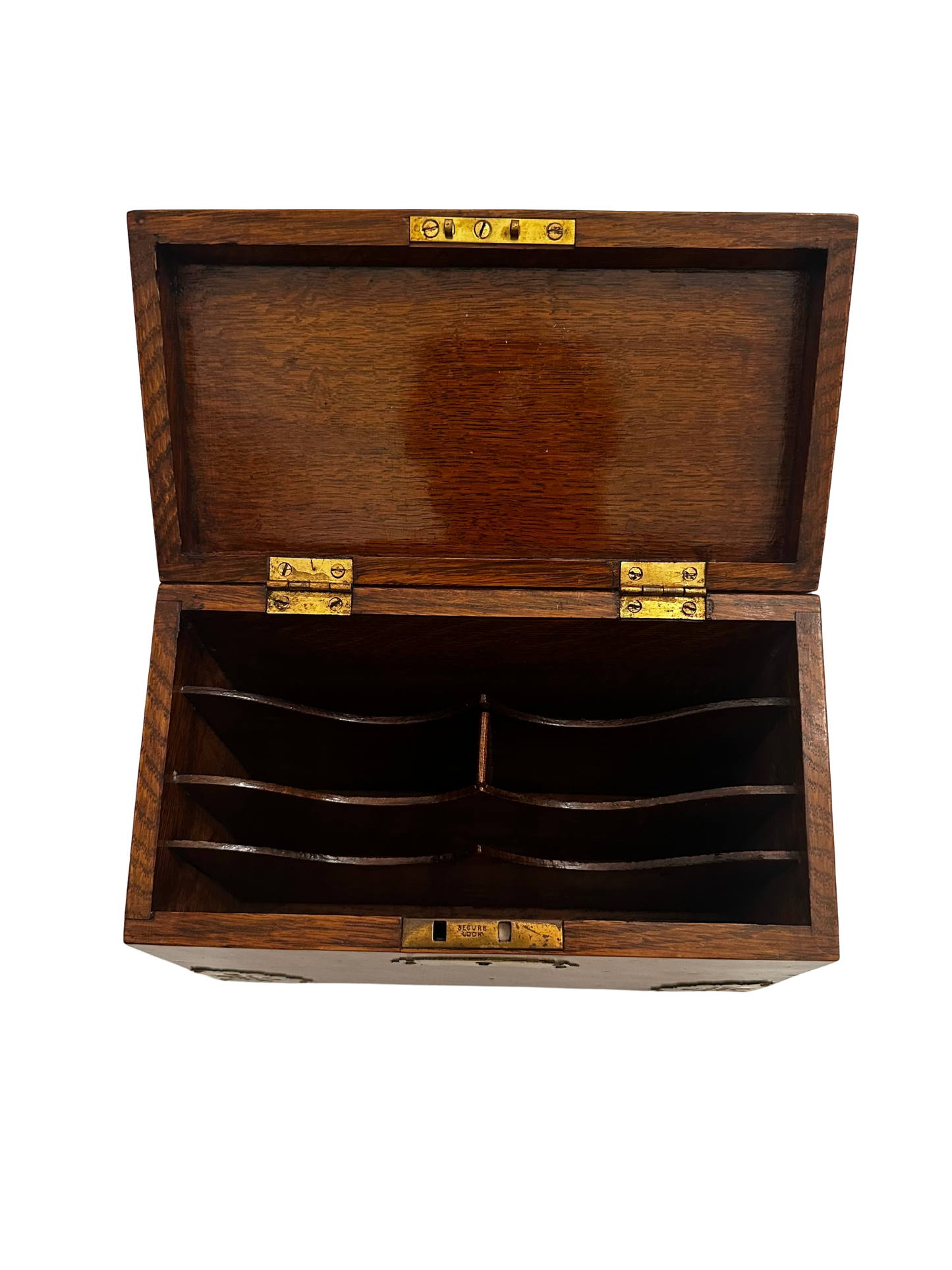 Antique English Oak Stationary Box with Brass Corner Mounts and Letter Dividers