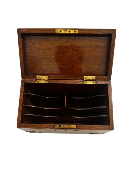 Antique English Oak Stationary Box with Brass Corner Mounts and Letter Dividers