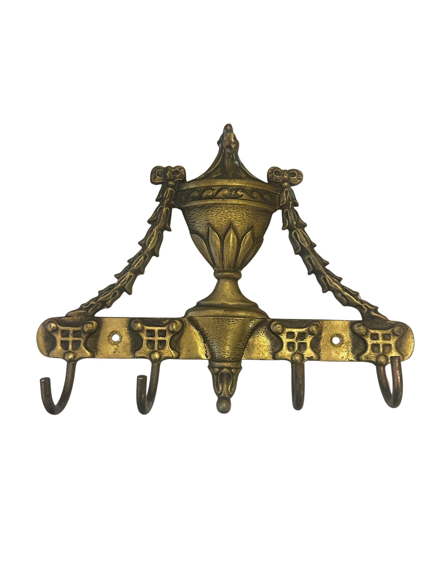 French Neoclassical Style Gilt Metal Wall Hook Rack with Urn and Garland Motif
