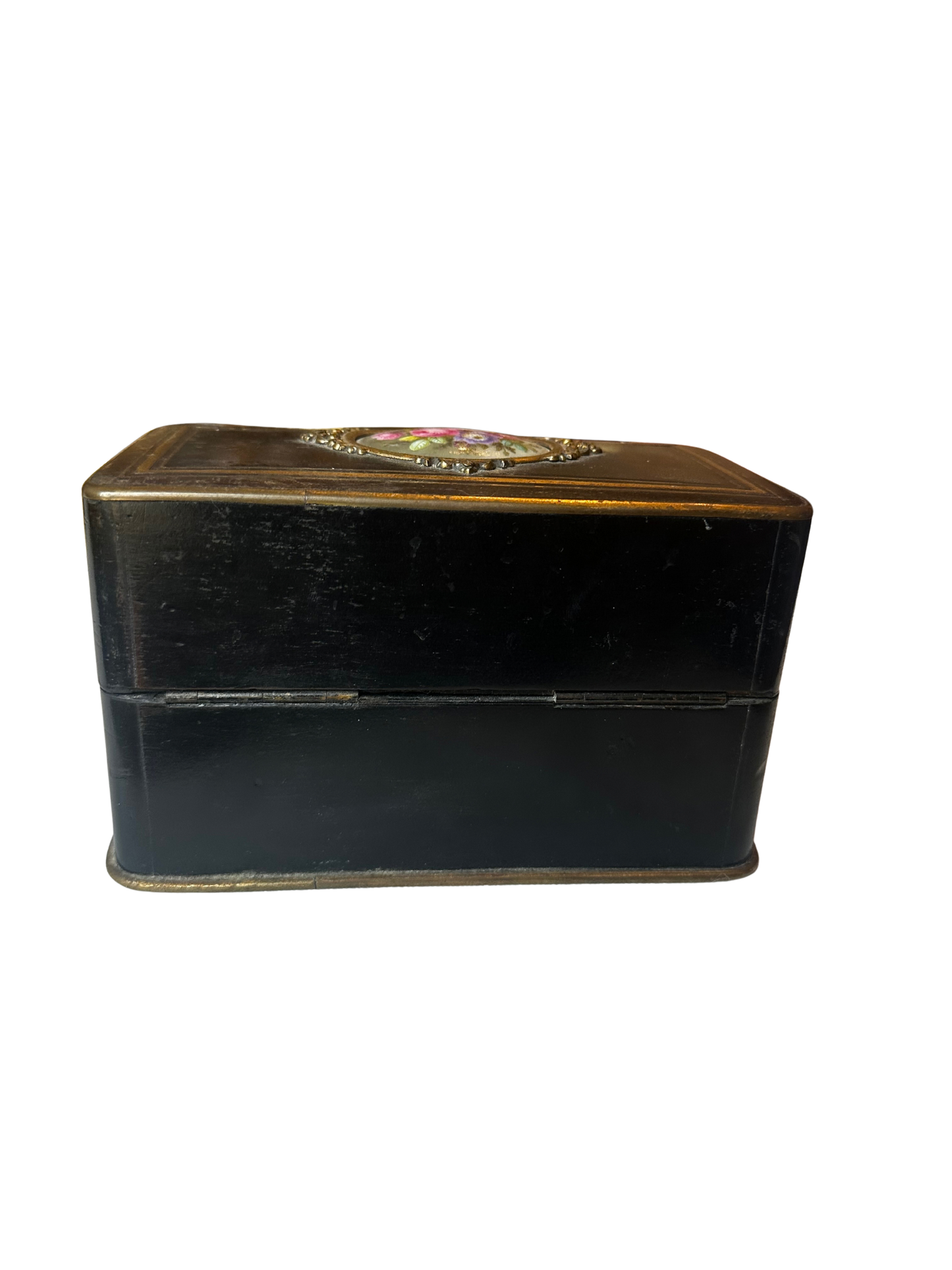 Napoléon III Ebonized Wood Perfume Casket with Painted Floral Plaque and Two Crystal Bottles