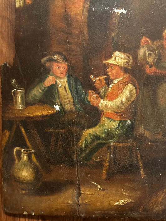 19th C Continental Oil on Wooden Panel of Two Men in a Tavern