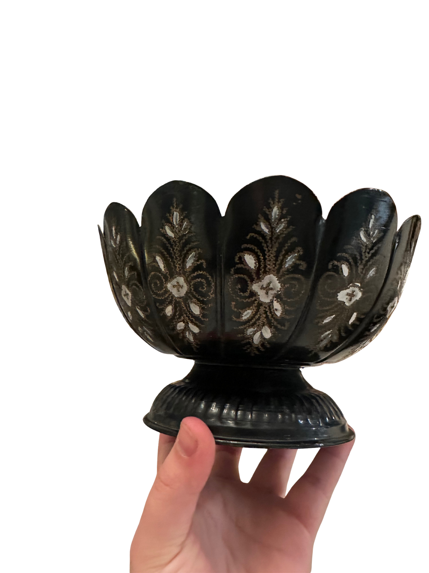 Mid-Century Painted Scalloped Brass Pedestal Bowl (Made in India)