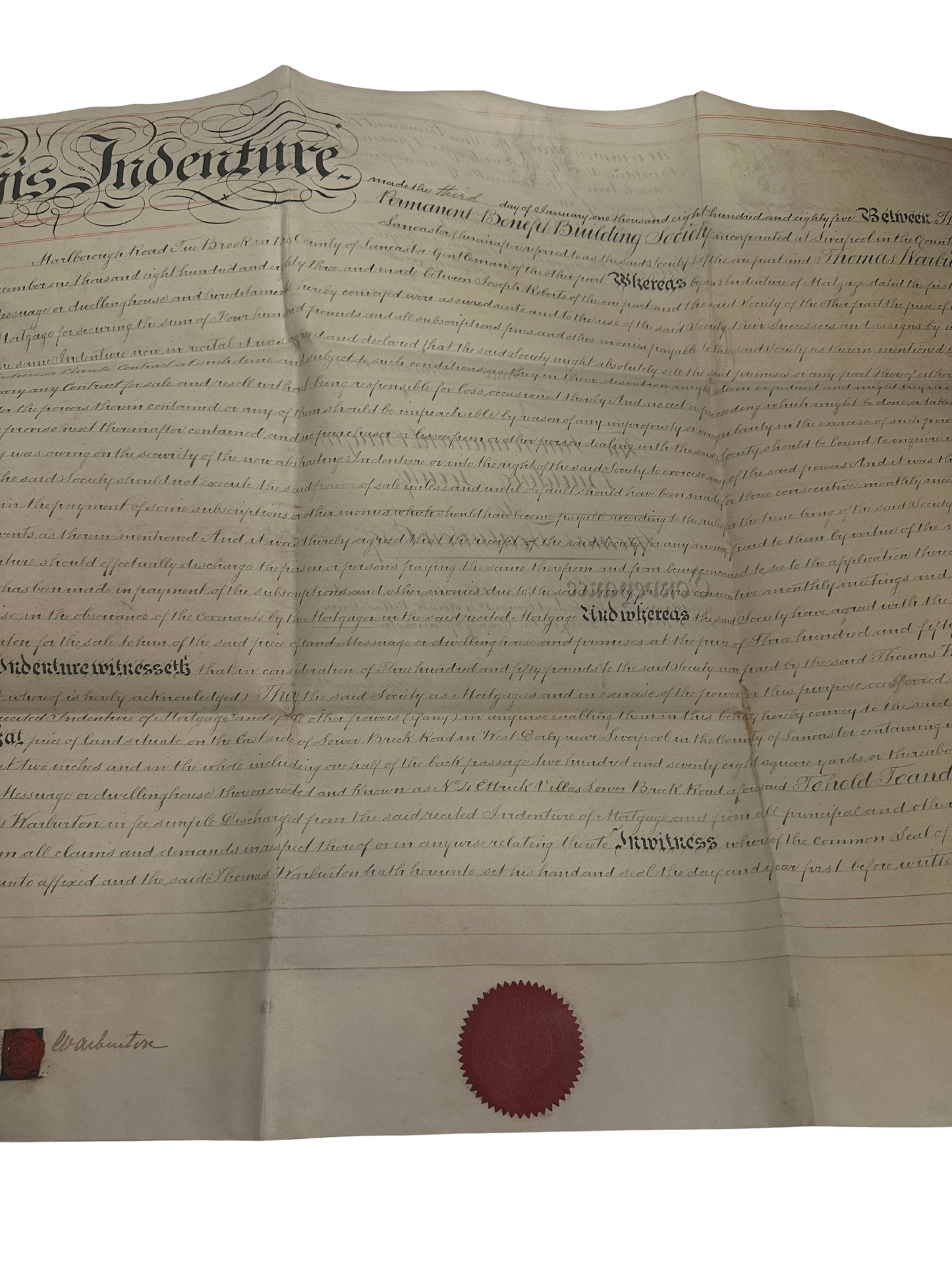Victorian Indenture Deed — The Sun Permanent Benefit Building Society, Liverpool (1885)