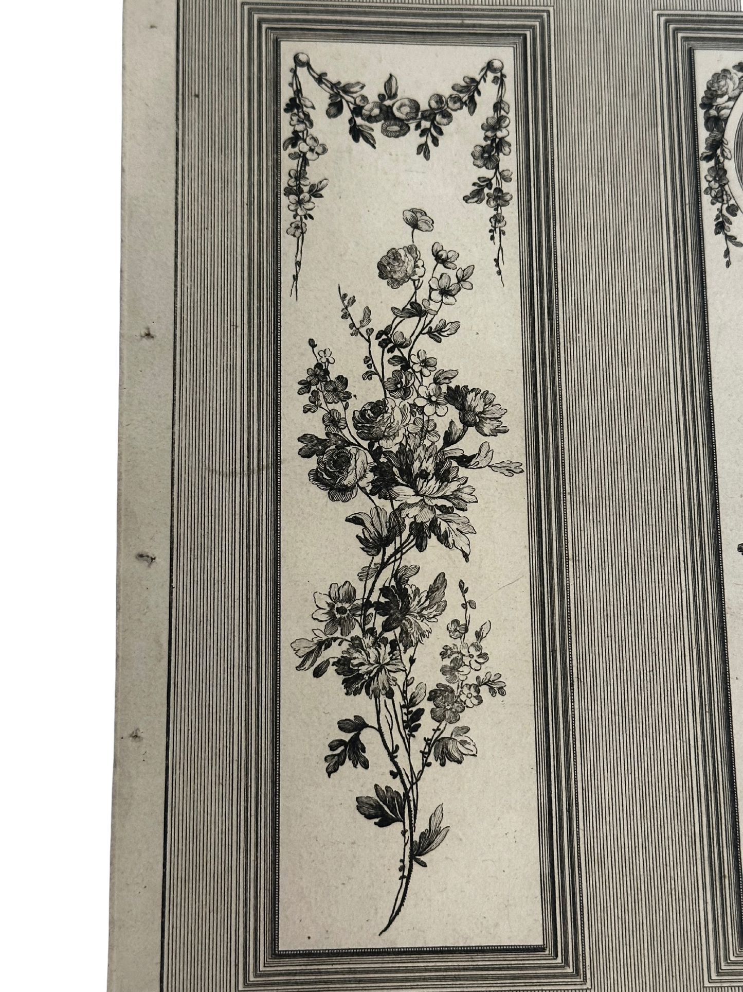 18th-Century French Ornamental Engraving Plate with Floral and Garden Trophy Panels