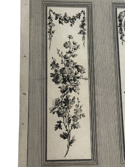 18th-Century French Ornamental Engraving Plate with Floral and Garden Trophy Panels