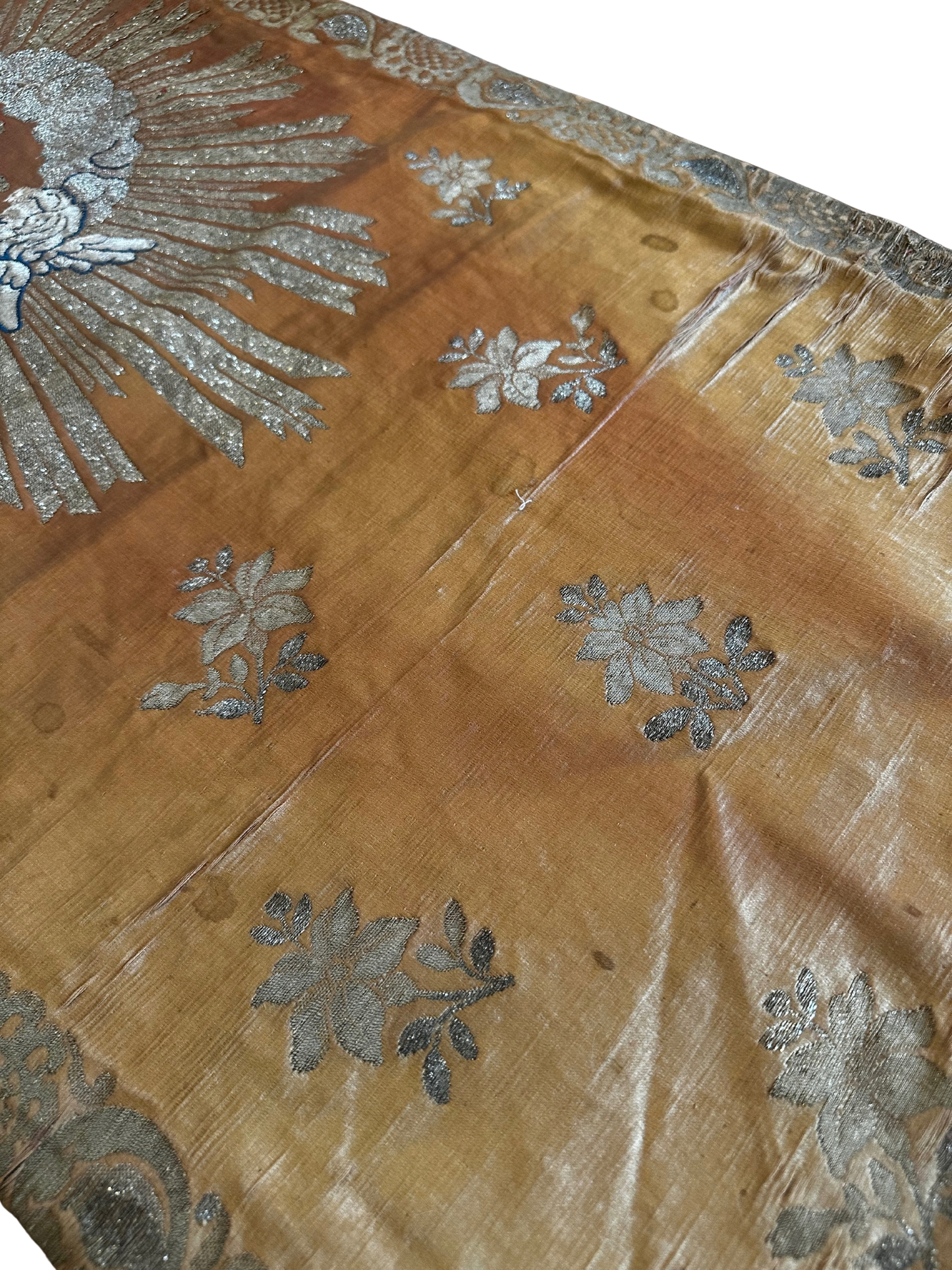 Antique Ecclesiastical Silk Brocade Altar Runner with Monstrance, Angels and IHS Christogram