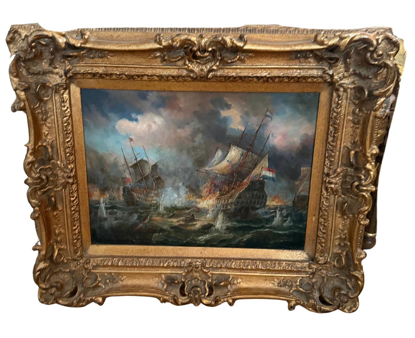 Large Vintage Maritime Oil Painting of Dutch and French Warships in Battle