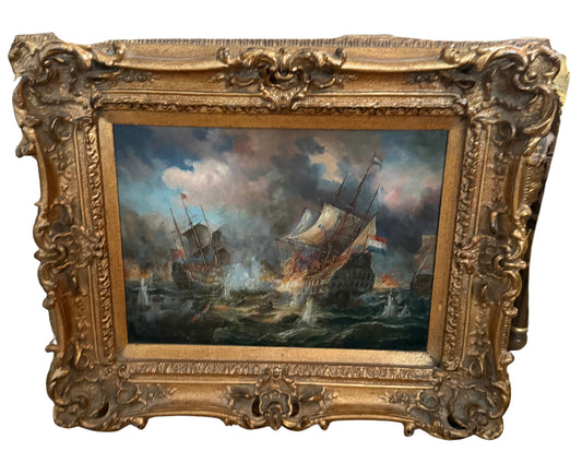 Large Vintage Maritime Oil Painting of Dutch and French Warships in Battle