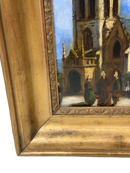 19th Century French School Oil Painting of Breton Church Scene, Monogrammed “LV”