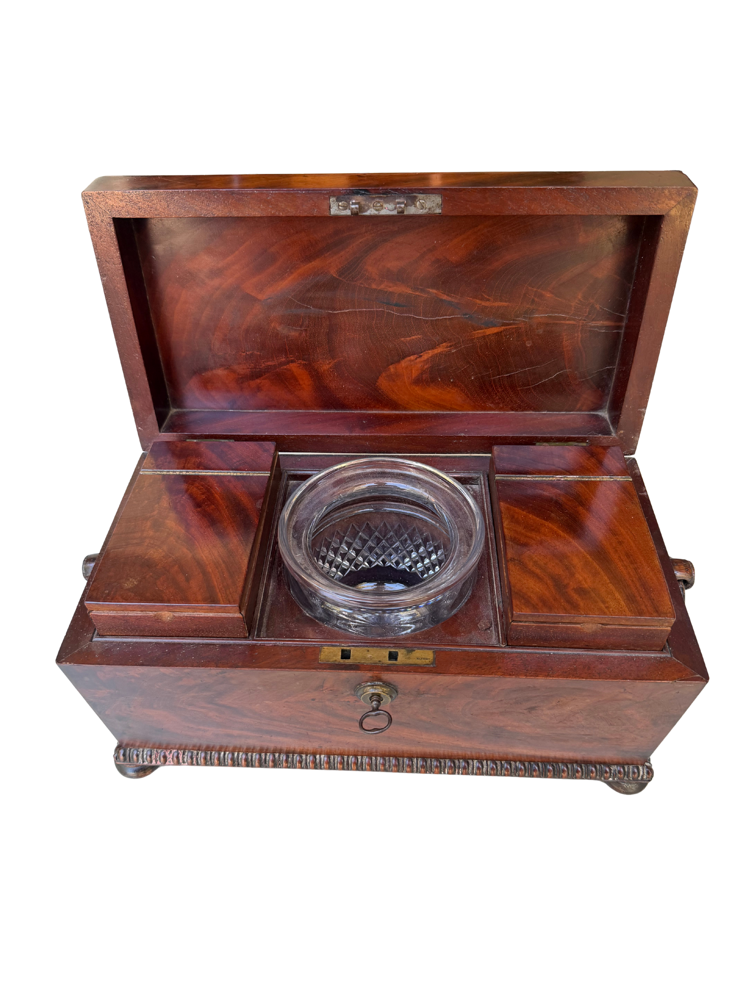 English Regency Figured Mahogany and Mother-of-Pearl Sarcophagus Tea Caddy with Cut Crystal Mixing Bowl