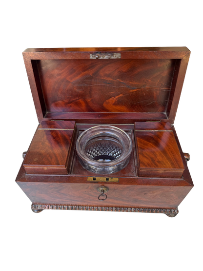 English Regency Figured Mahogany and Mother-of-Pearl Sarcophagus Tea Caddy with Cut Crystal Mixing Bowl