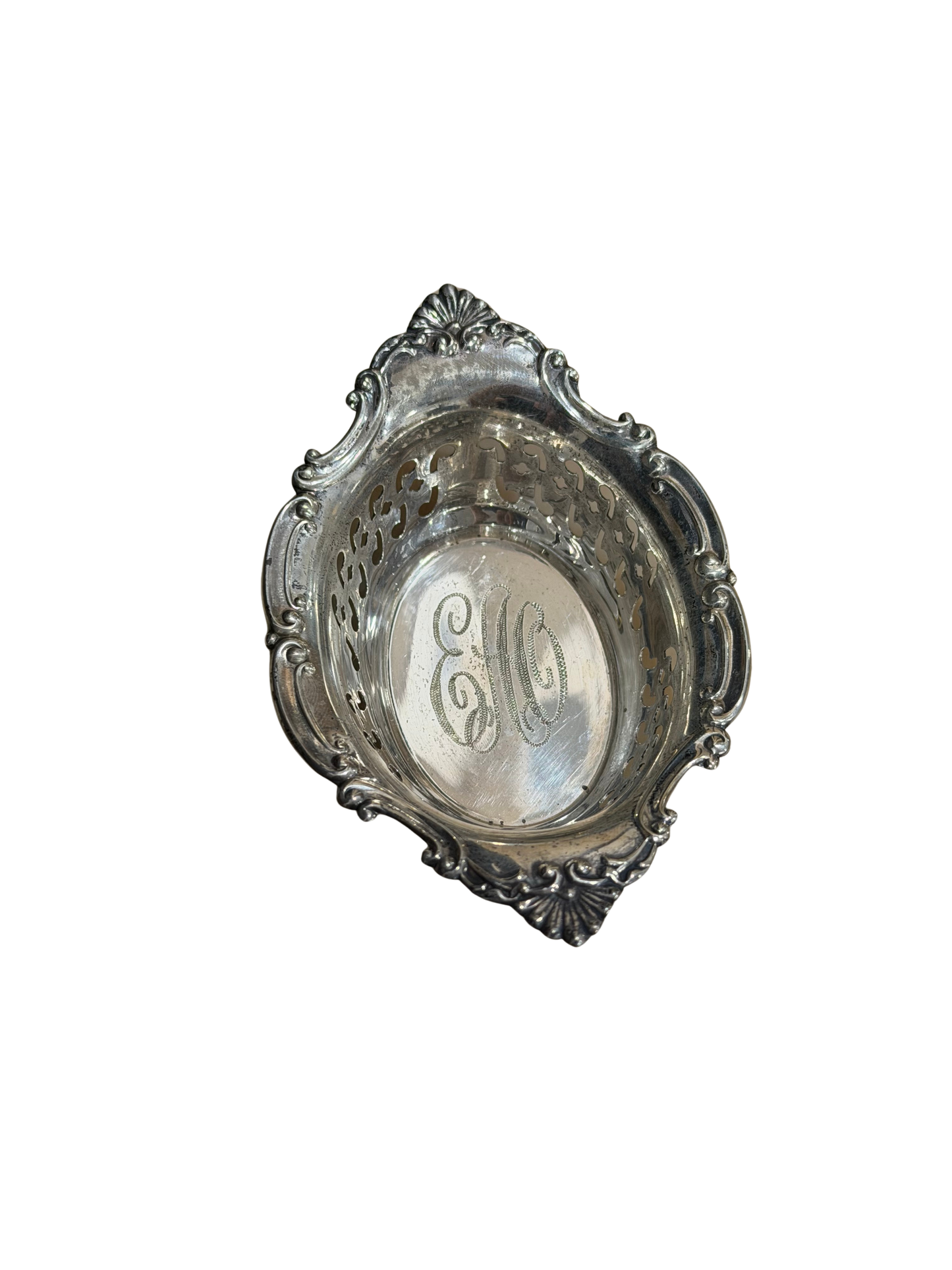 Gorham Sterling Silver Pierced Nut or Bon Bon Dish, Monogrammed “EAO”