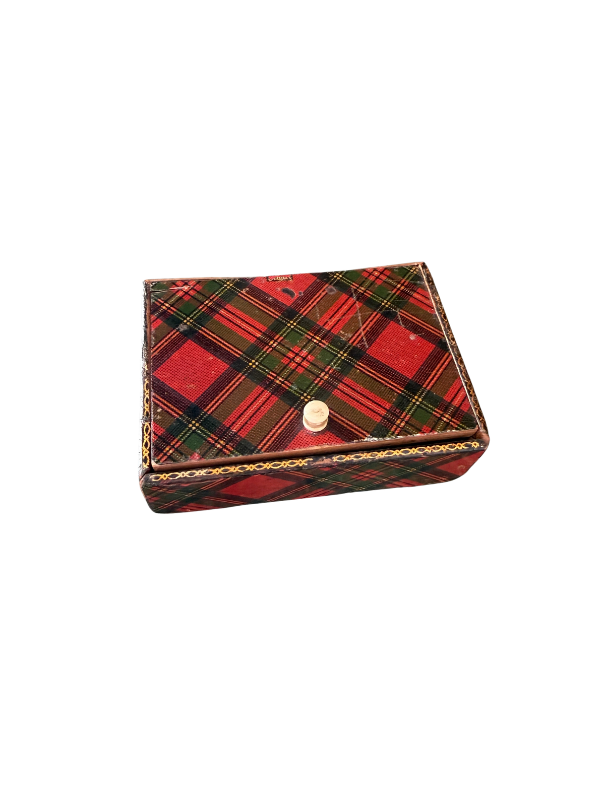 Antique Mauchline Ware Tartan Ware Stamp Box / Trinket Box, Stuart Tartan, with Bone Knob