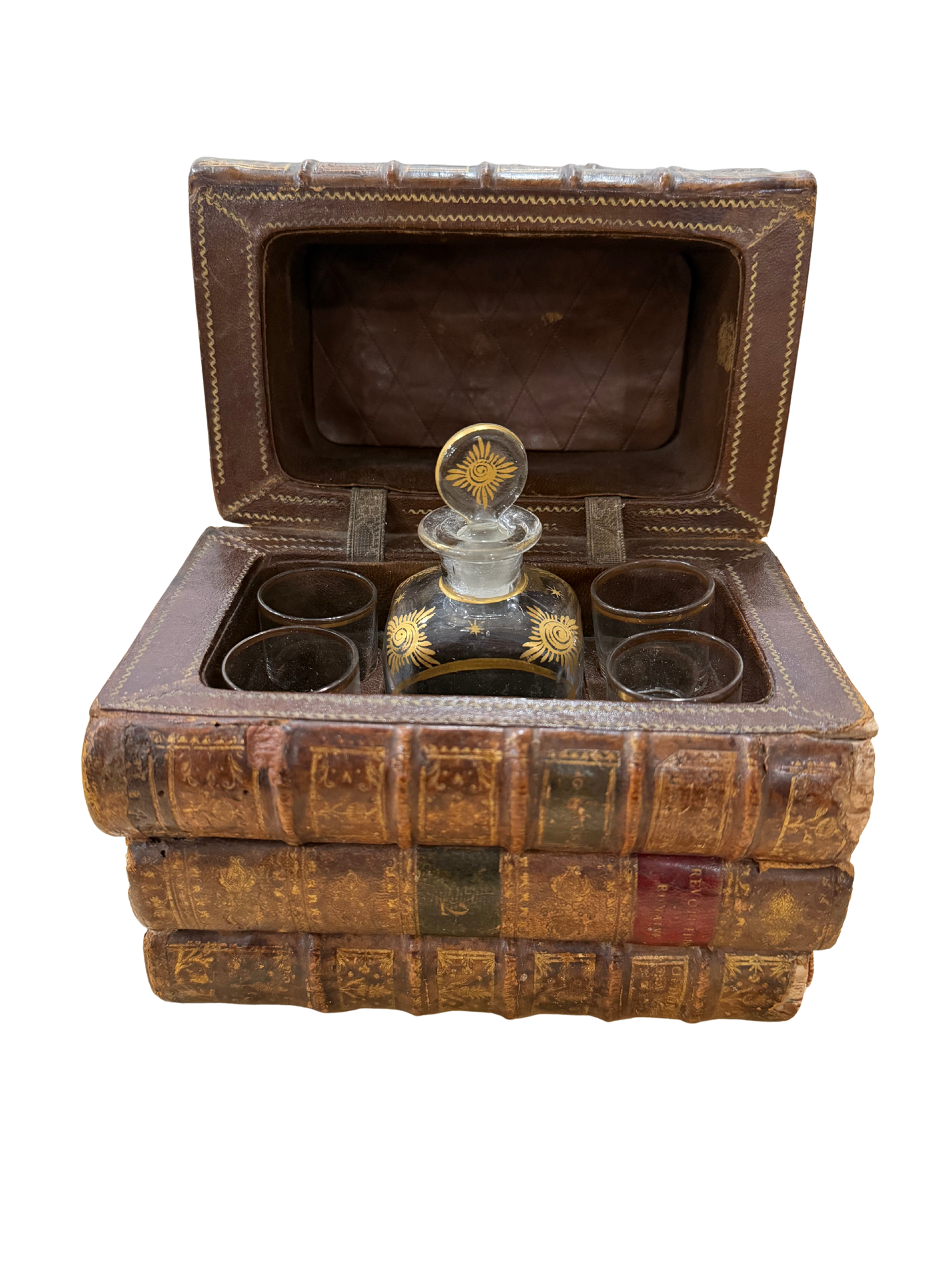 Antique Book-Form Leather Tantalus / Decanter Set with Gilt-Decorated Glassware