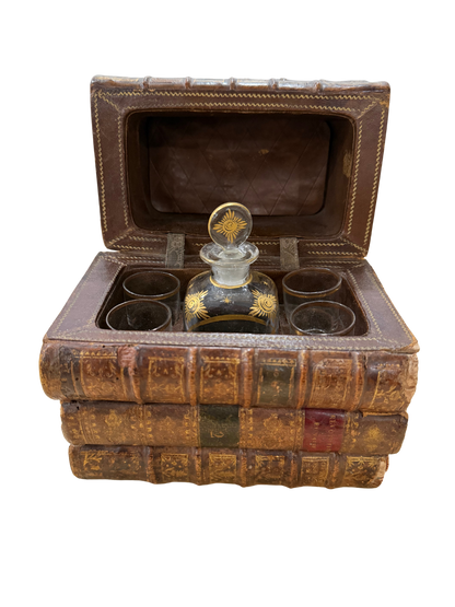 Antique Book-Form Leather Tantalus / Decanter Set with Gilt-Decorated Glassware