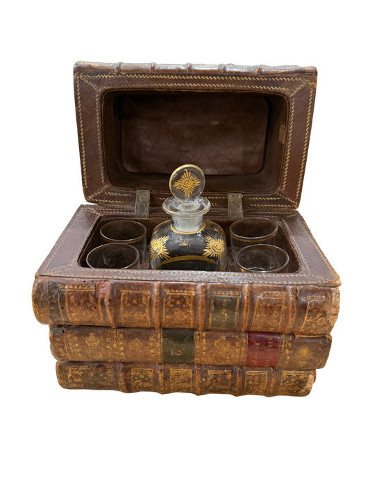Antique Book-Form Leather Tantalus / Decanter Set with Gilt-Decorated Glassware