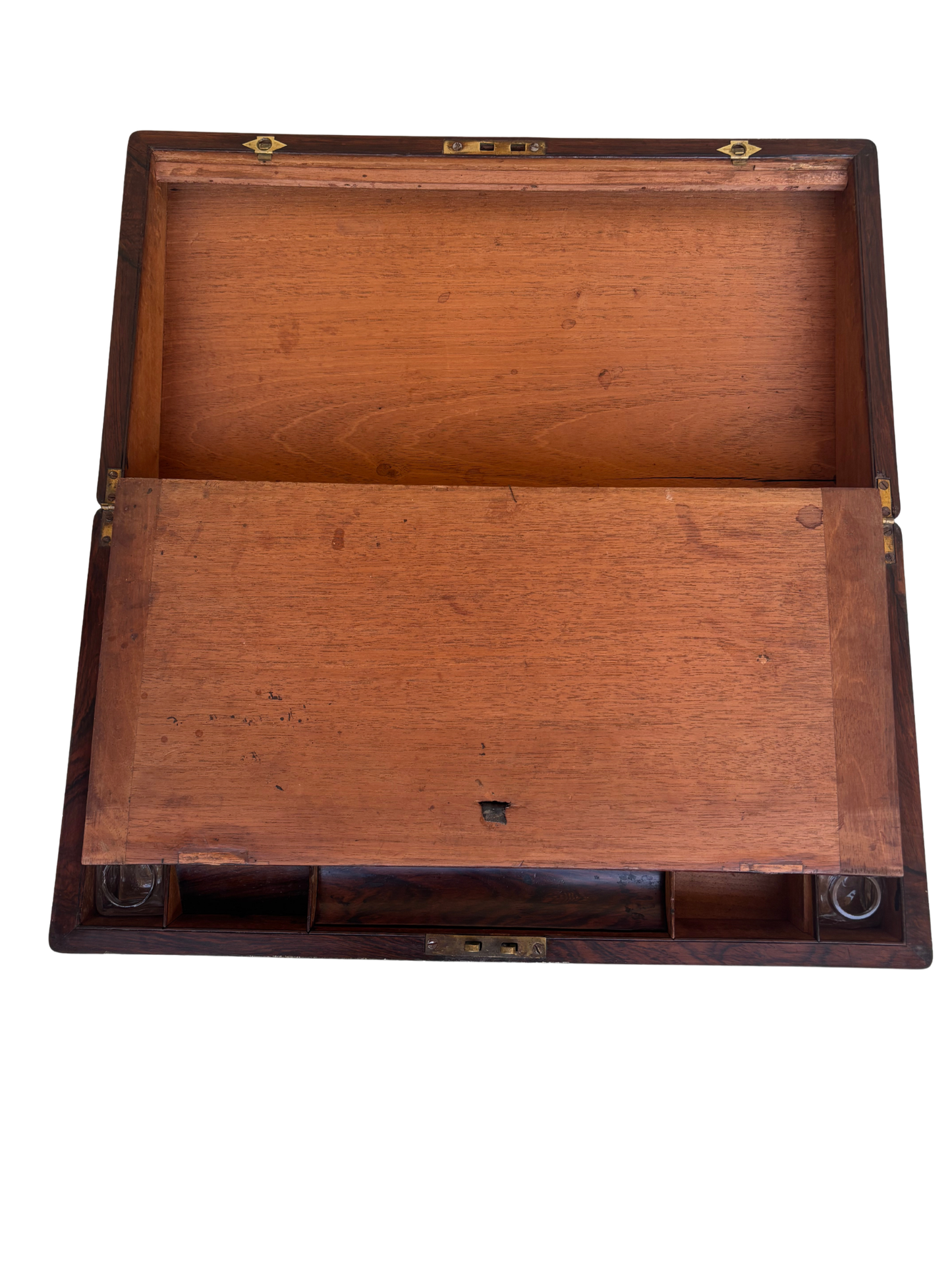 Antique Rosewood Campaign-Style Writing Slope with Brass Mounts and Inkwells