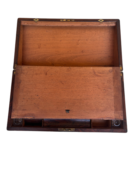 Antique Rosewood Campaign-Style Writing Slope with Brass Mounts and Inkwells