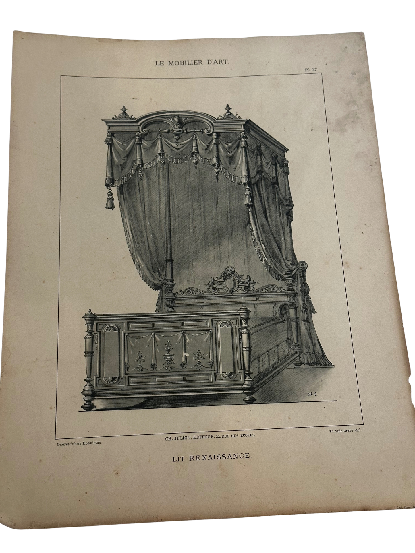 19th-Century French Furniture Design Engraving — Lit Renaissance, Plate 27, Le Mobilier d’Art
