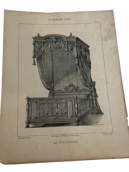 19th-Century French Furniture Design Engraving — Lit Renaissance, Plate 27, Le Mobilier d’Art