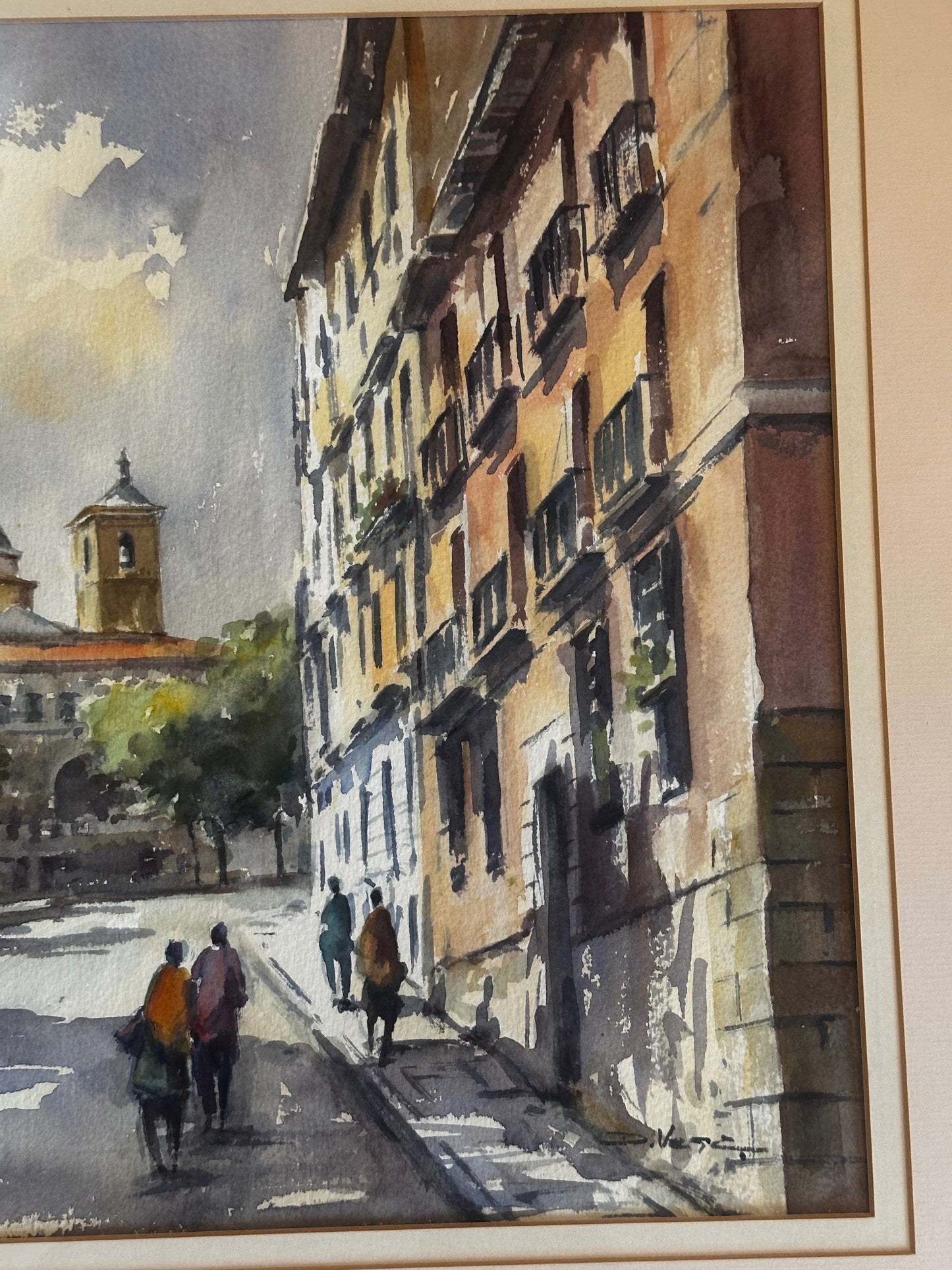 Signed European Street Scene Watercolor with Church Dome and Figures