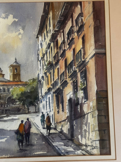 Signed European Street Scene Watercolor with Church Dome and Figures