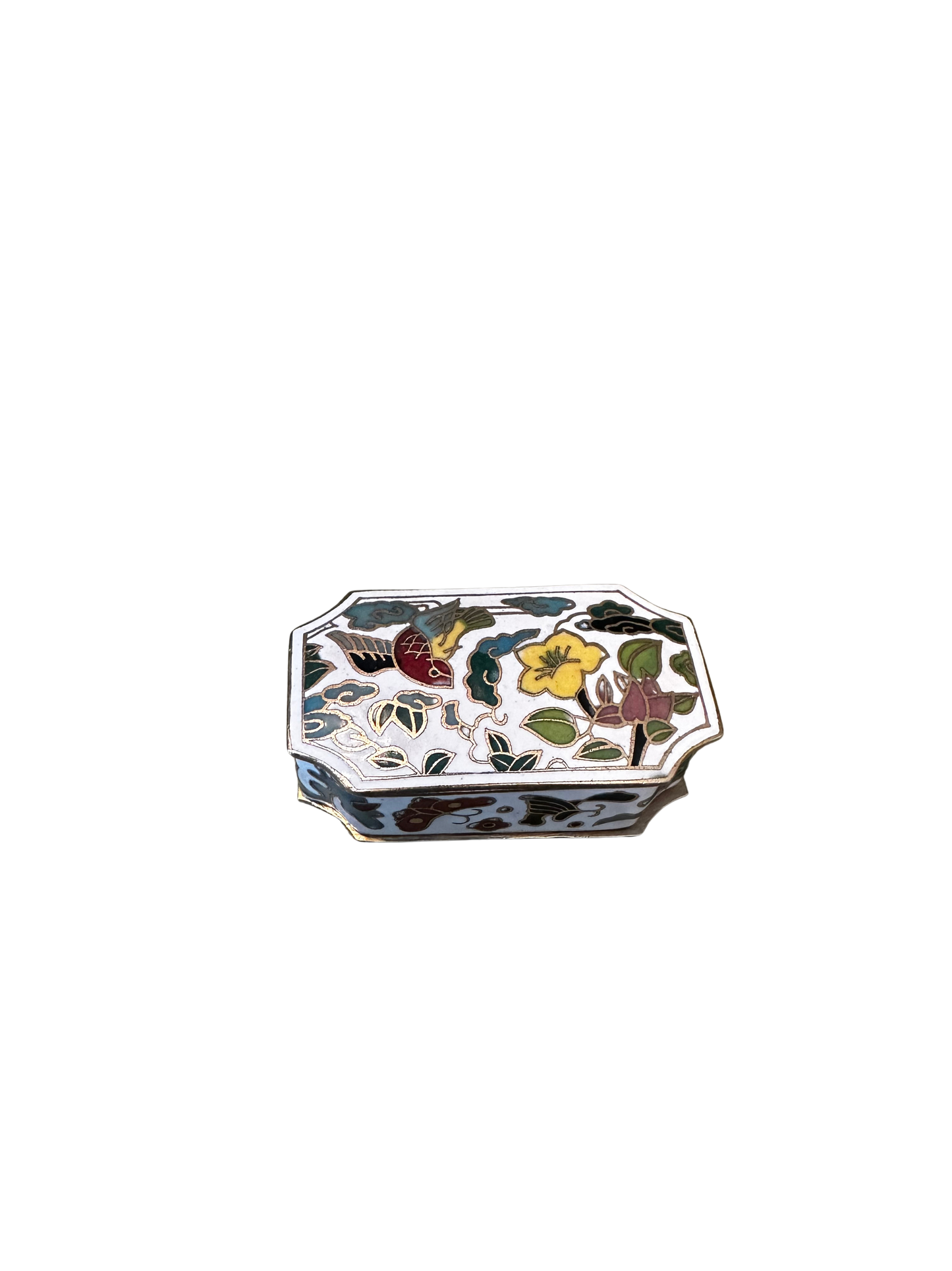 Small White Cloisonné Rectangular Box with Bird