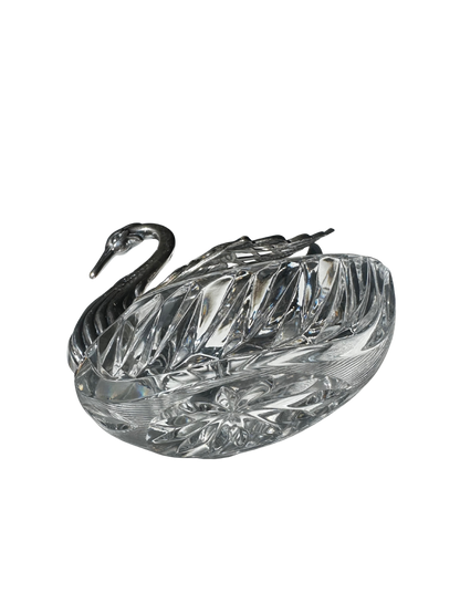 Silverplate Swan Figural Master Salt Cellar with Cut Crystal Bowl