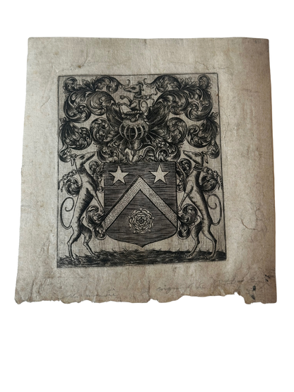 Antique Heraldic Ex Libris Bookplate Engraving with Greyhound Supporters