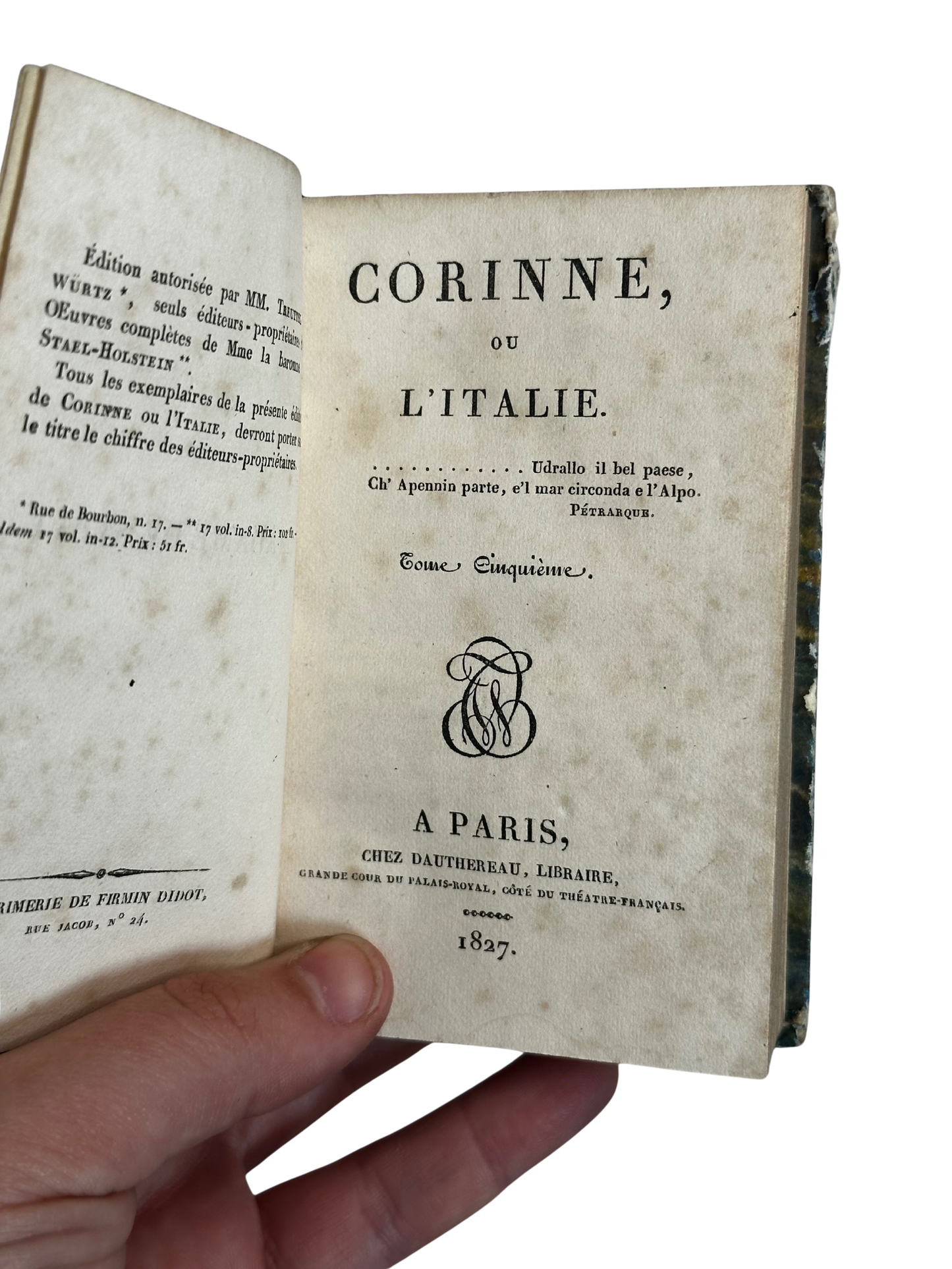 1827 Miniature French Leather-Spine Volume — Corinne ou l’Italie, Tome Cinquième by Mme de Staël