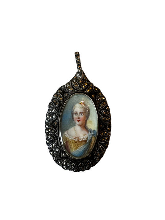 Estate Hungarian 0.935 Silver and Enamel Portrait Miniature Pendant