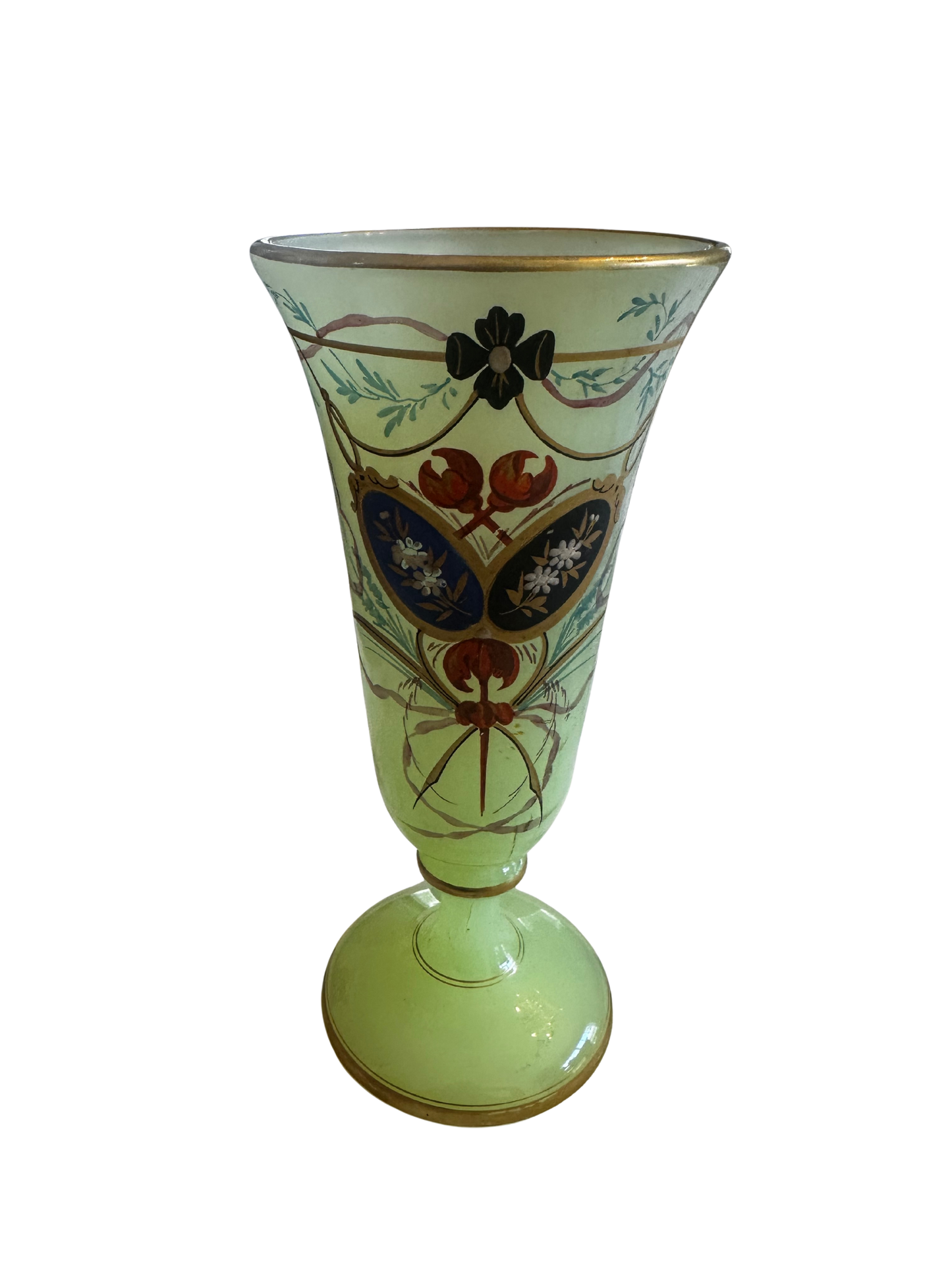 Mid-19th C Uranium Green Harrach Vase with Heraldic and Floral Motifs