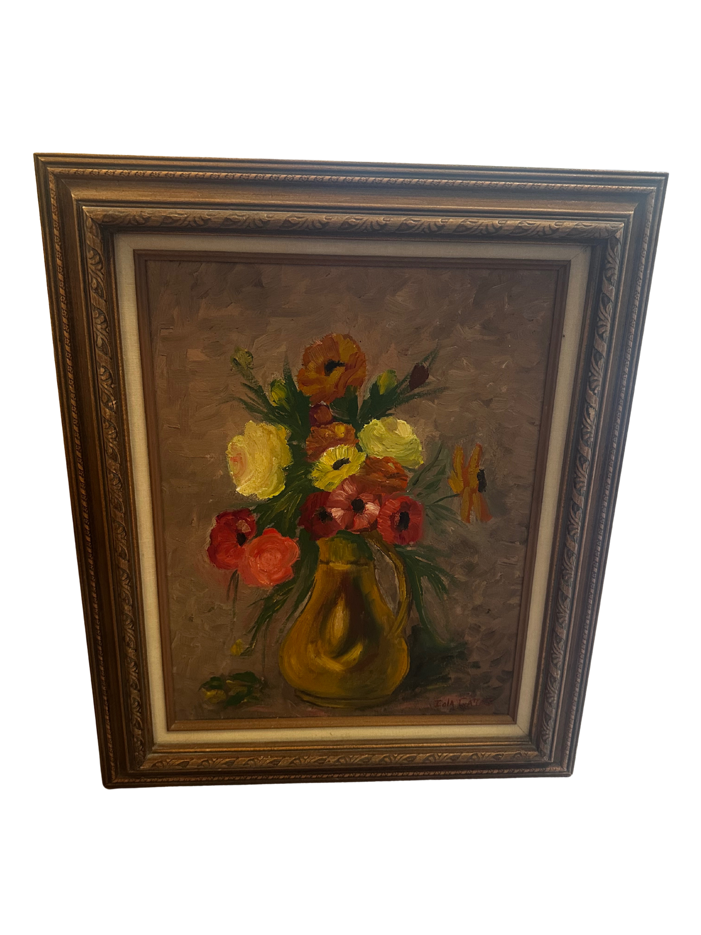 Vintage Oil Floral Still Life - Pink, Green, Orange, and Yellow Flowers
