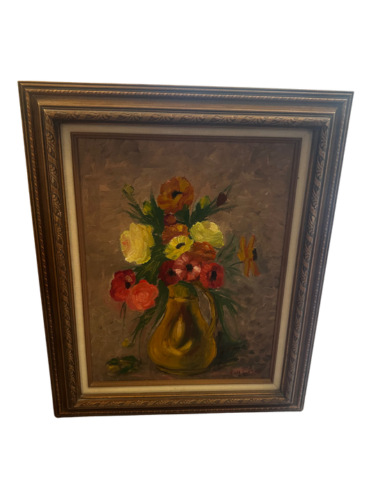Vintage Oil Floral Still Life - Pink, Green, Orange, and Yellow Flowers