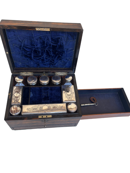 Fine Victorian Burled Walnut Vanity / Dressing Case with Silverplate Fittings, Secret Compartments, Hidden Documents, and Engraved Cartouche Dated 1891