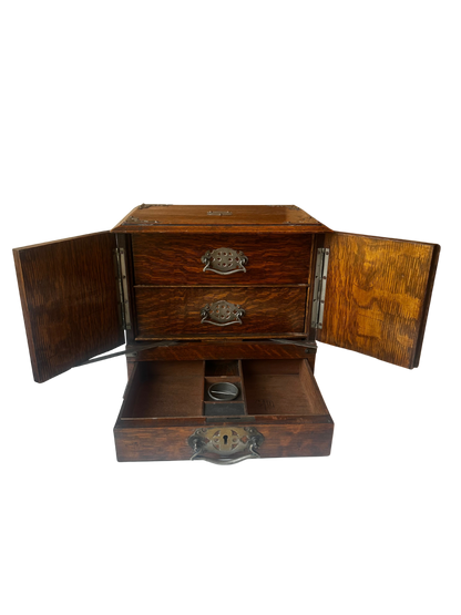 Antique English Oak Writing Compendium Box with Drawers and Presentation Plaque (1913)