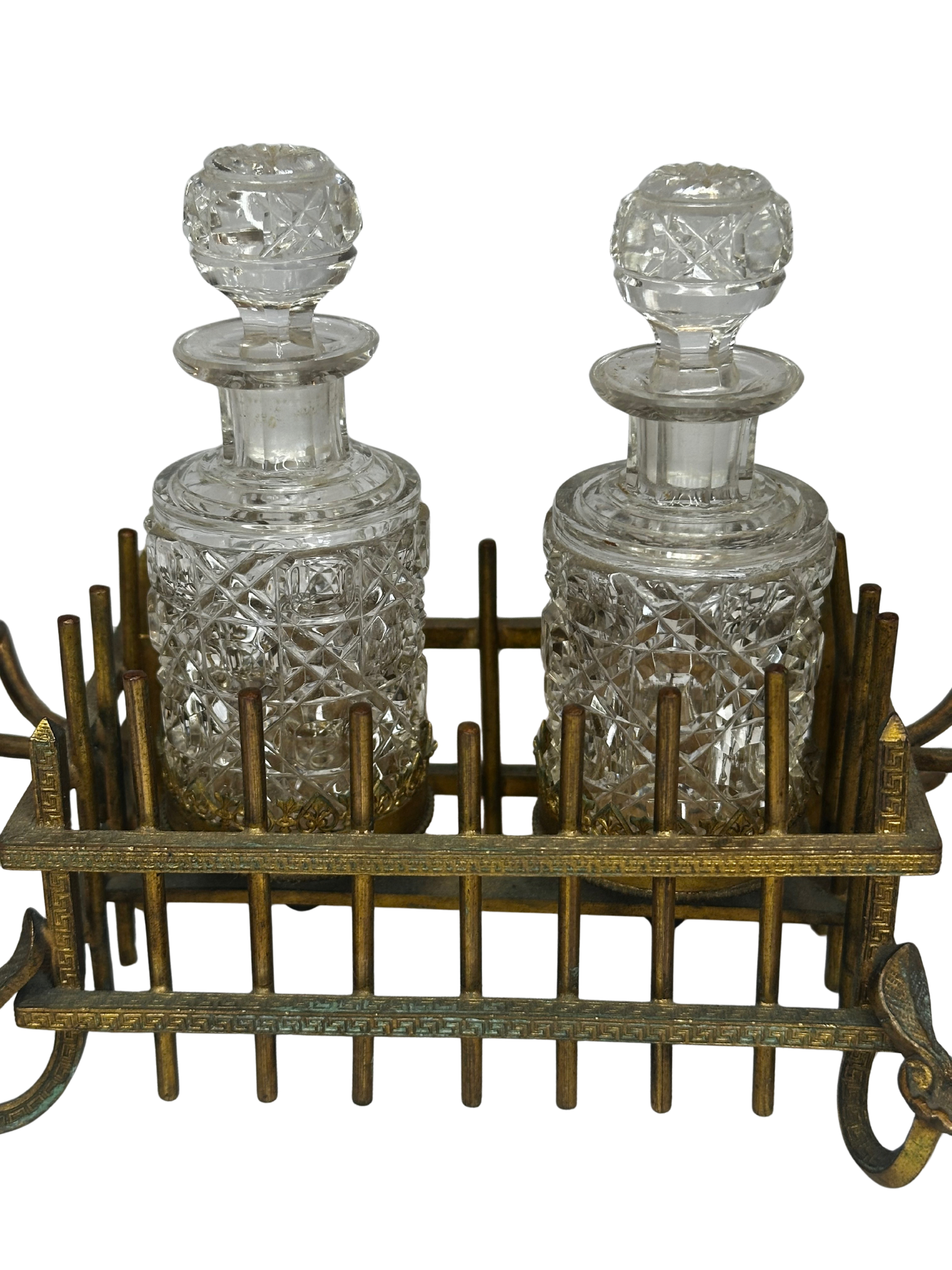 Antique Bronze Vanity Caddy with Pair of Cut-Glass Scent Bottles