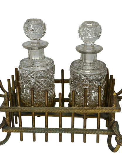 Antique Bronze Vanity Caddy with Pair of Cut-Glass Scent Bottles