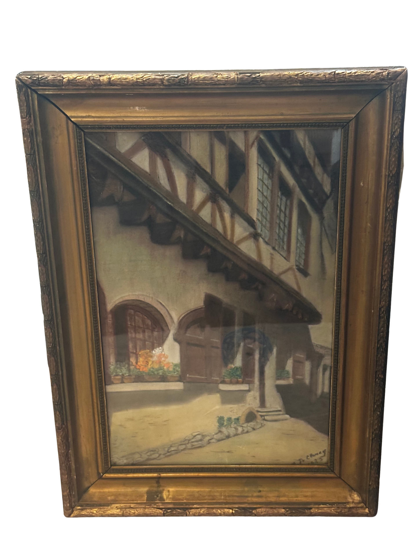 Framed European Architectural Street Scene Pastel by B. De C. Parey (dated 1925)