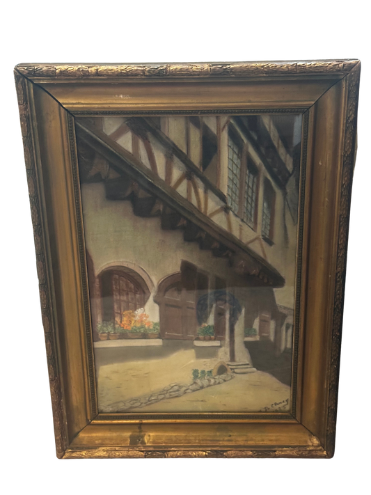 Framed European Architectural Street Scene Pastel by B. De C. Parey (dated 1925)