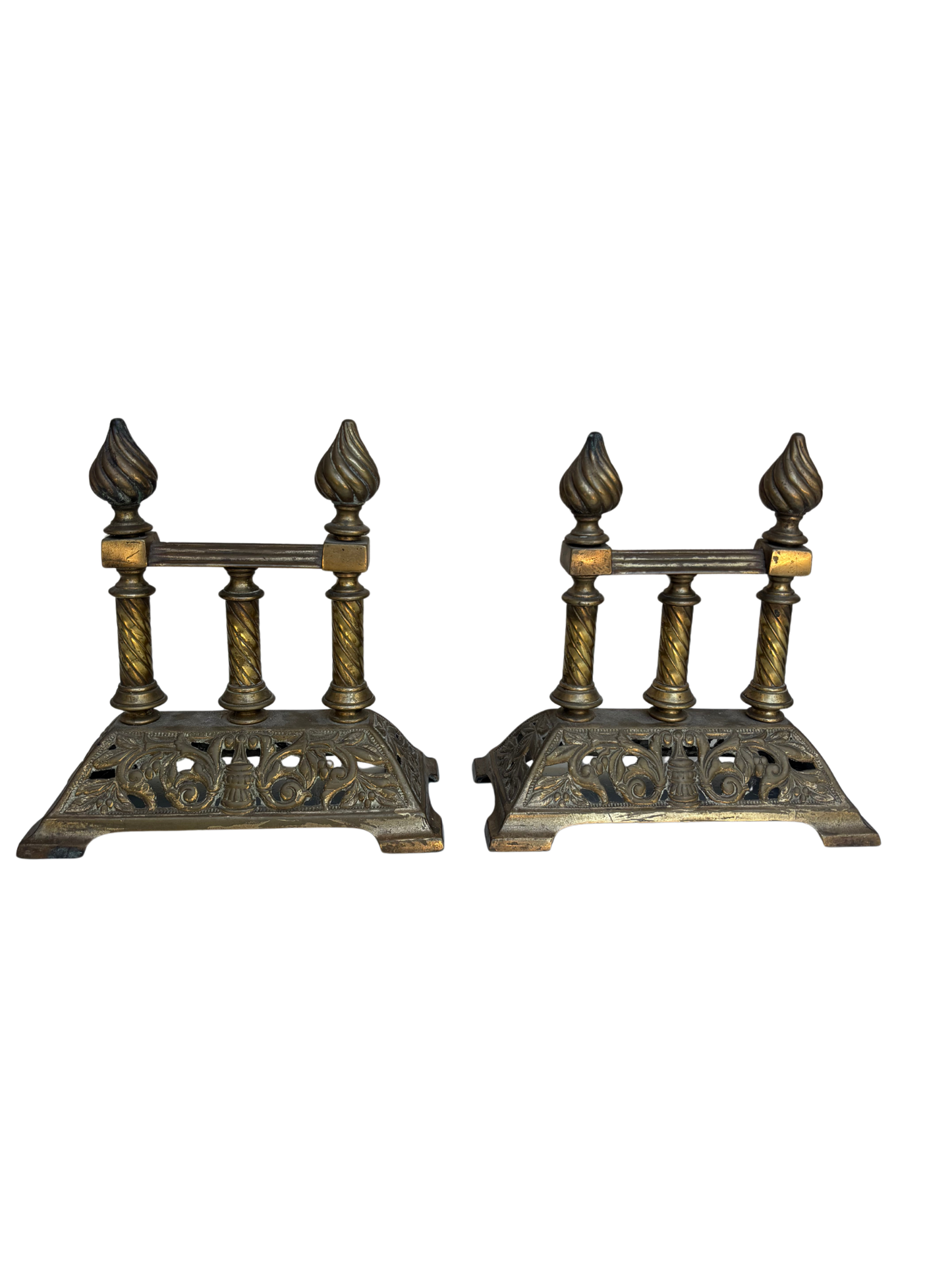 Pair of English Victorian Cast Brass Fireplace Firedogs with Flame Finials, Circa 1880–1900