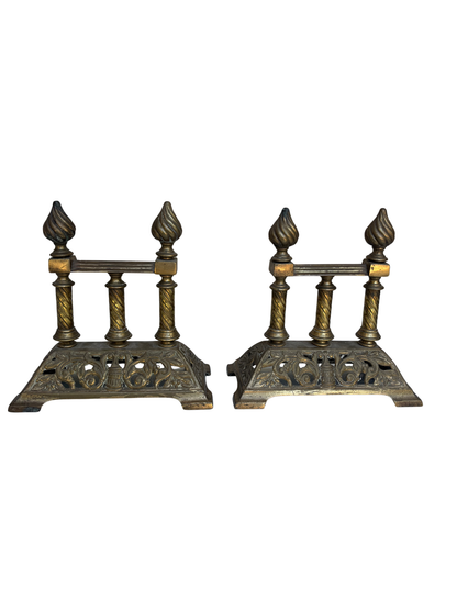 Pair of English Victorian Cast Brass Fireplace Firedogs with Flame Finials, Circa 1880–1900