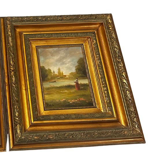 20th C Oil on Wood Panel of Pastoral Genre Scene with Woman in Meadow with Church Steeple and Cottages in Background (Signed Katla)