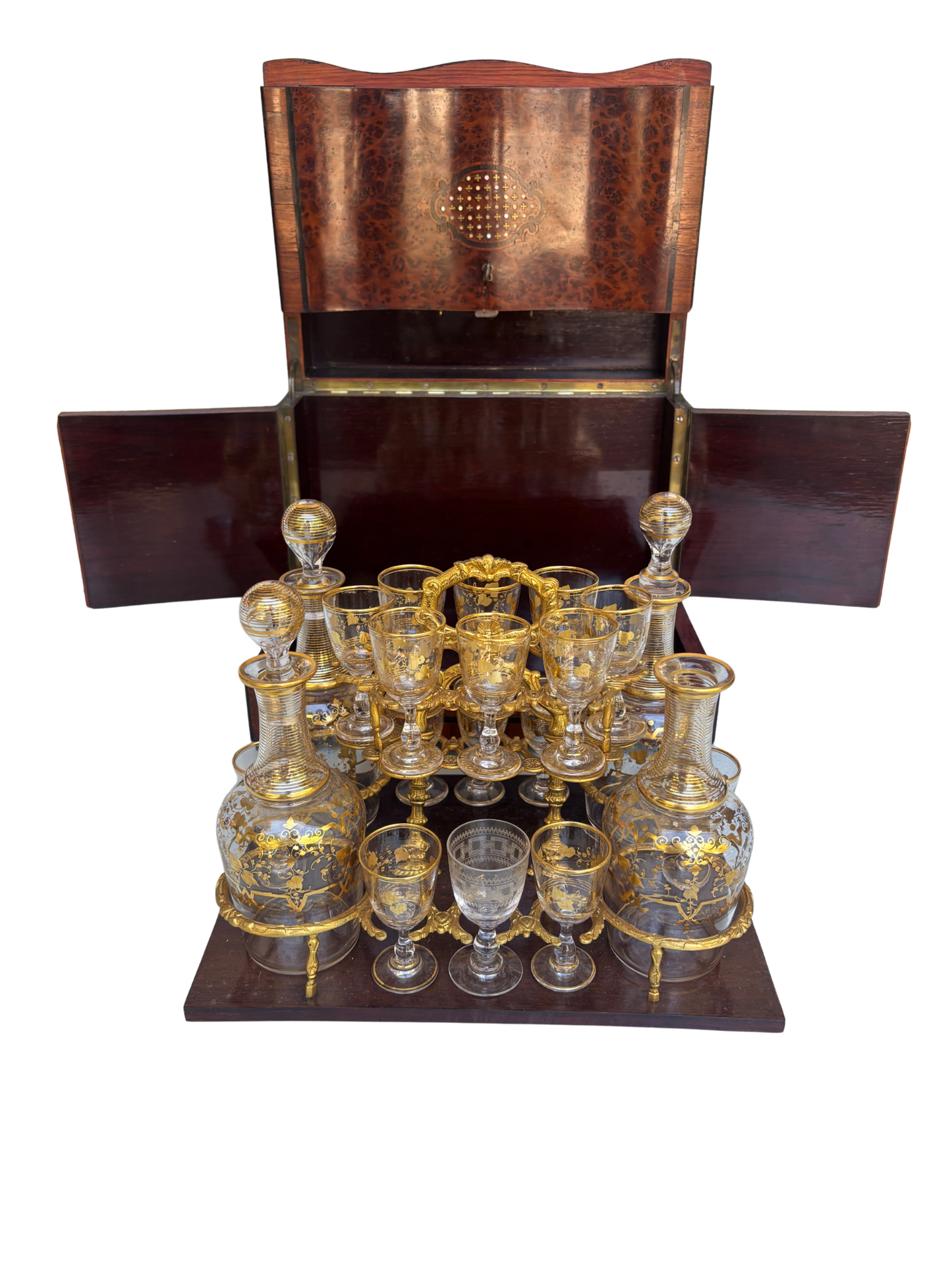 Exceptional Napoleon III Burlwood Cave à Liqueur with Gilded Glass Service and Decanters