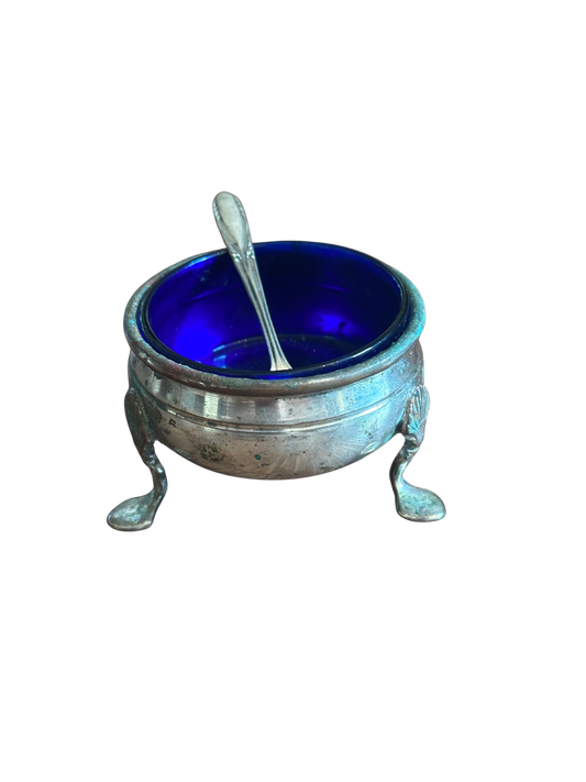 Silver Salt Cellar with Shell Legs (Tarnish) with Cobalt Blue Insert and Sterling Silver Spoon